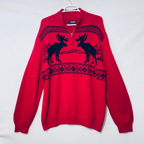 Chaps Pullover Sweater Mens XXL Red Knit Moose Fair Isle Henley 1/4 Zip Winter - Picture 1 of 11